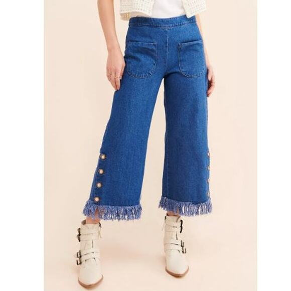 NWOT Azulu Colombia Fringe Wide Leg Cropped Jeans Sz 0 Boho Chic Vacation ($230) - Picture 1 of 10